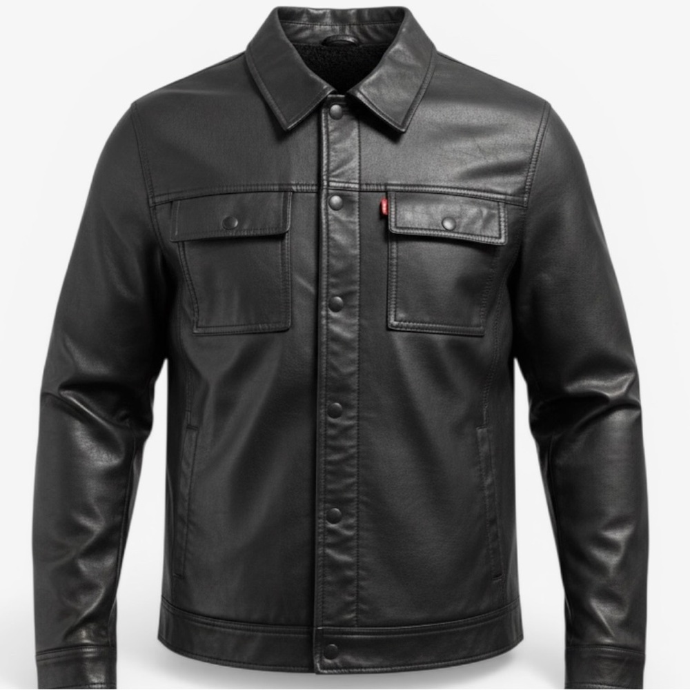 Levi’s Men’s Cool Classic Black Faux Leather Sherpa Lined Trucker Jacket Medium